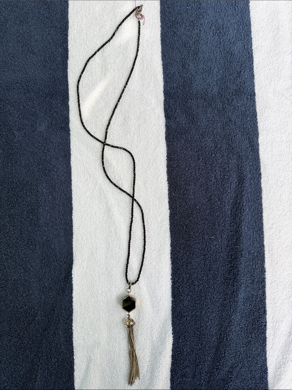 Banana Republic Black Beaded Necklace with Hexagon Pendant and Tassel